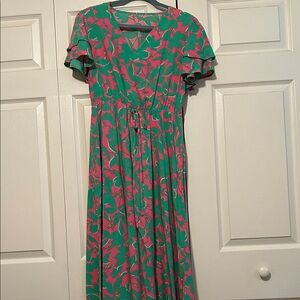 SHEIN Vibrant Green and Pink Midi Dress